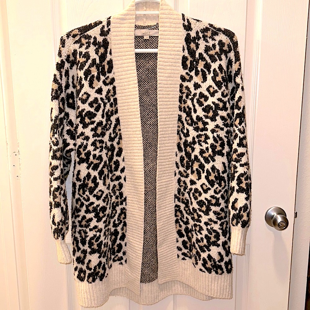 LOFT cozy longline open front cardigan in leopard print, excellent condition!
